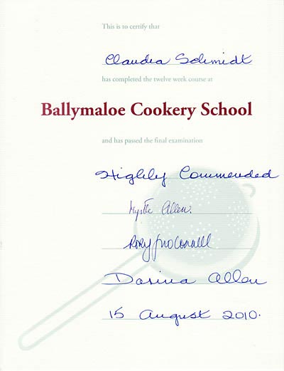 Ballymaloe Cookery School - das Zertifikat