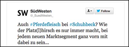 Auch #Pferdefleisch bei #Schuhbeck? Wie der Platz(l)hirsch es nur immer macht, bei jedem neuen Marktsegment ganz vorn mit dabei zu sein...