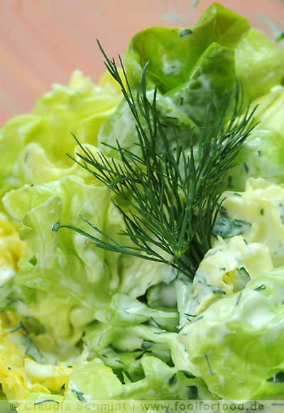 Kopfsalat mit zitroniger Joghurt-Dill-Sauce