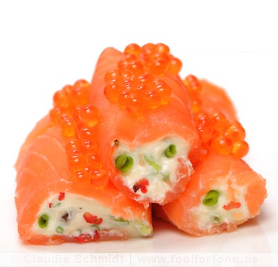 salmon logs with caviar